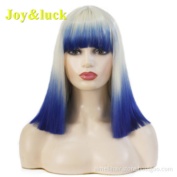 Short Wigs For Women Shoulder Length Blonde Ombre Blue Color Party Hairstyle Natural Straight Cosplay Wig Synthetic Hair Wigs